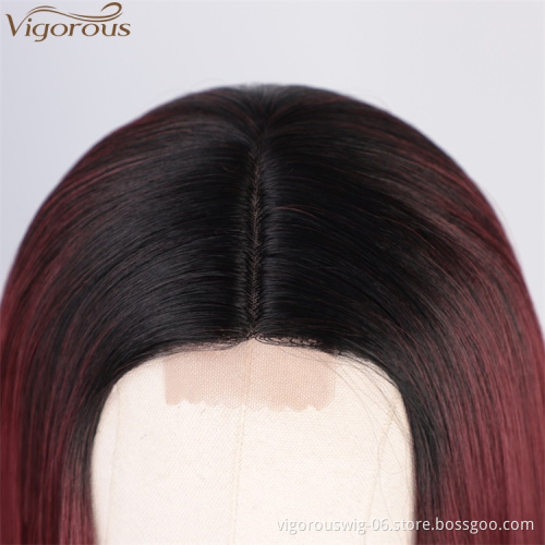 Vigorous High Temperature Ombre Red Lace Middle Part Wigs Long Silky Straight Wigs For White Women Wholesale